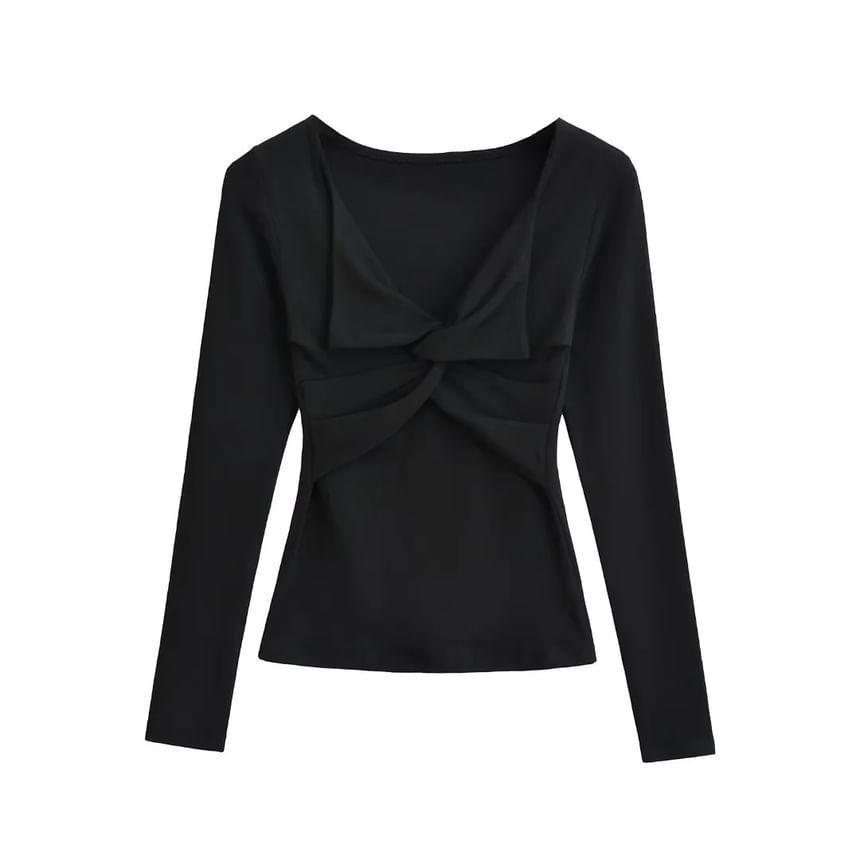 Long-Sleeve V-Neck Plain Knotted T-Shirt Product Image