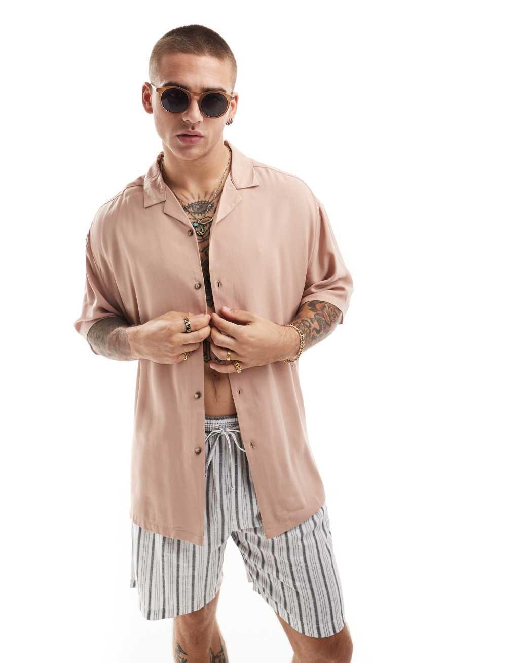 ASOS DESIGN 90s oversized fit viscose shirt with revere collar in dusty pink Product Image