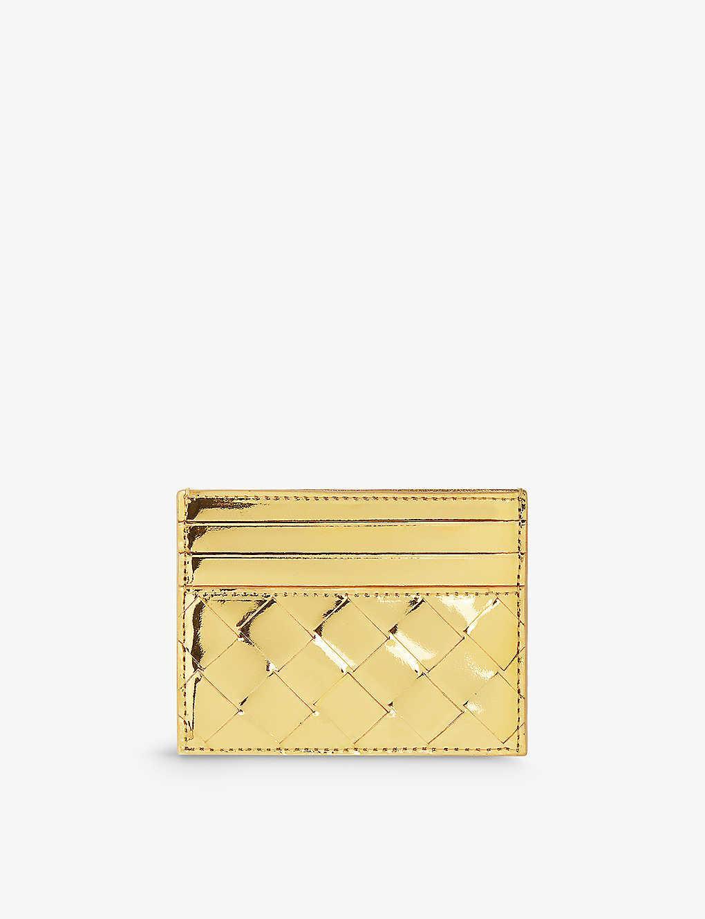 BOTTEGA VENETA Gold-m Brass Intrecciato Woven Metallic-leather Card Holder In Multicolor Product Image