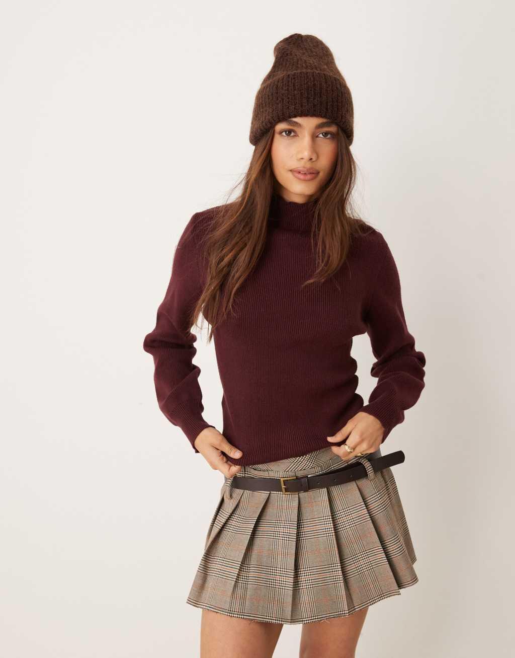 Mango high neck knit sweater in burgundy Product Image