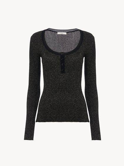 Long-sleeve fitted top in lurex wool knit Product Image