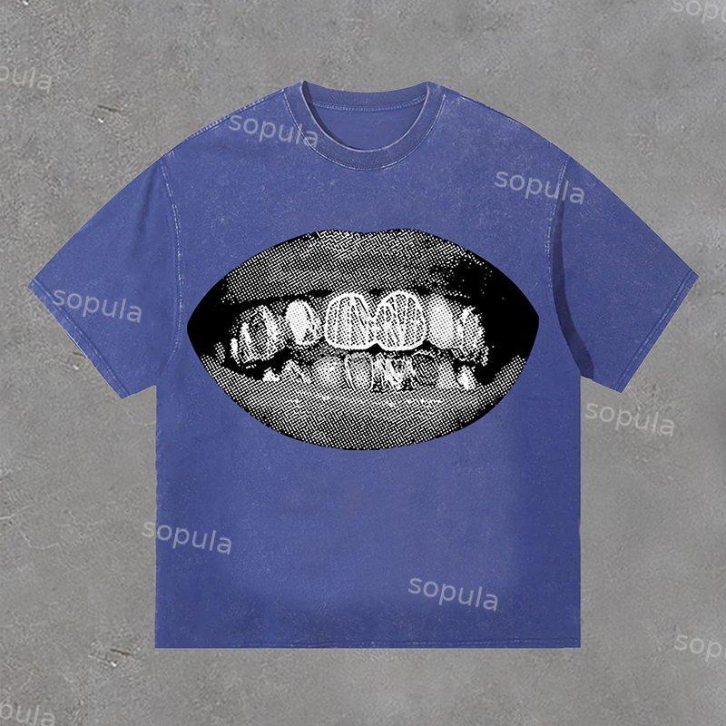 Sopula Men's Retro Unisex Lip Print Washed T-Shirt Product Image