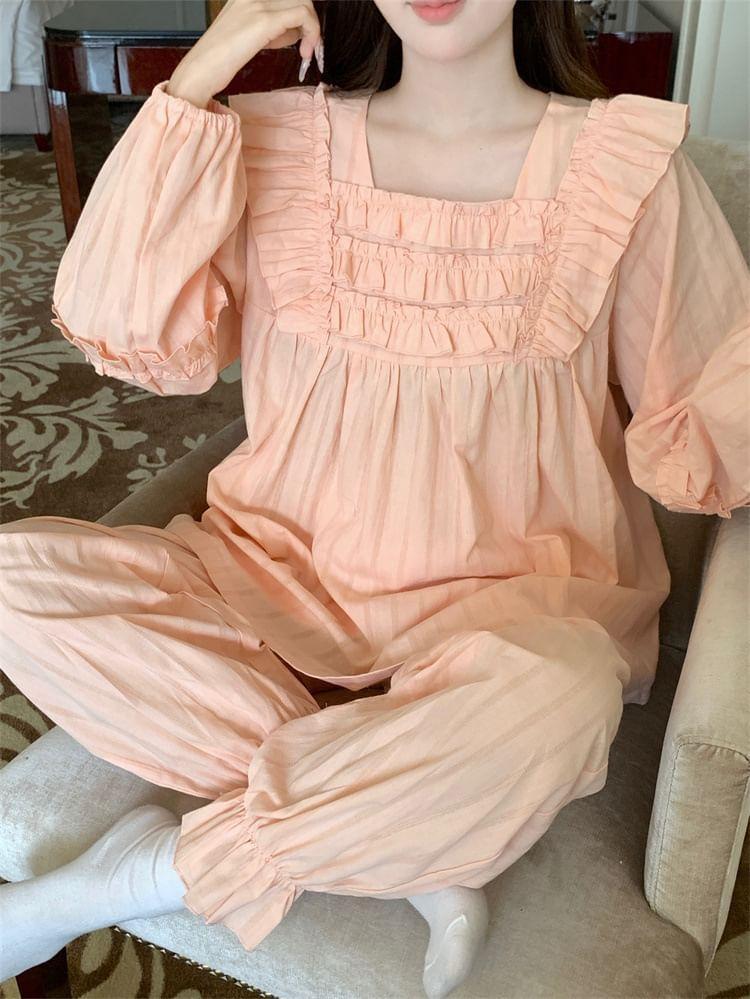 Pajama Set: Long Sleeve Square Neck Striped Ruffle Blouse + Elastic Waist Straight Leg Pants Product Image