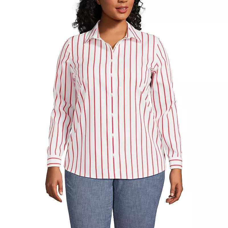 Plus Size Lands End Wrinkle-Free No Iron Button-Front Shirt, Womens Green Wide Stripe Product Image