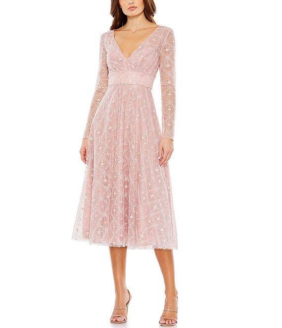 Mac Duggal V-Neck Long Illusion Sleeve Beaded Midi Dress Product Image