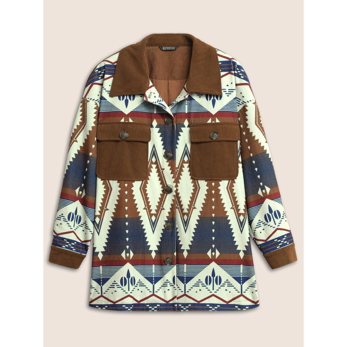 Plus Size Geometric Patchwork Corduroy Patched Pocket Jacket Women DarkBrown Lined Pocket Everyday Jackets BloomChic 10/M Product Image