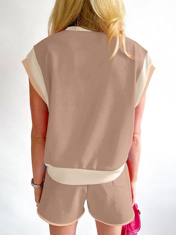 Contrast Color Short Sleeves Round-Neck T-Shirt + Elasticity Shorts Two Pieces Set Product Image
