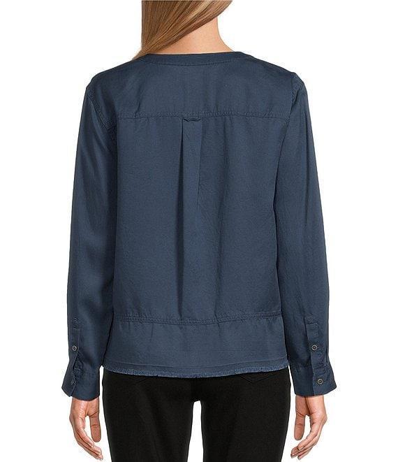 Westbound Petite Size Woven Long Roll-Tab Sleeve Henley Top Product Image