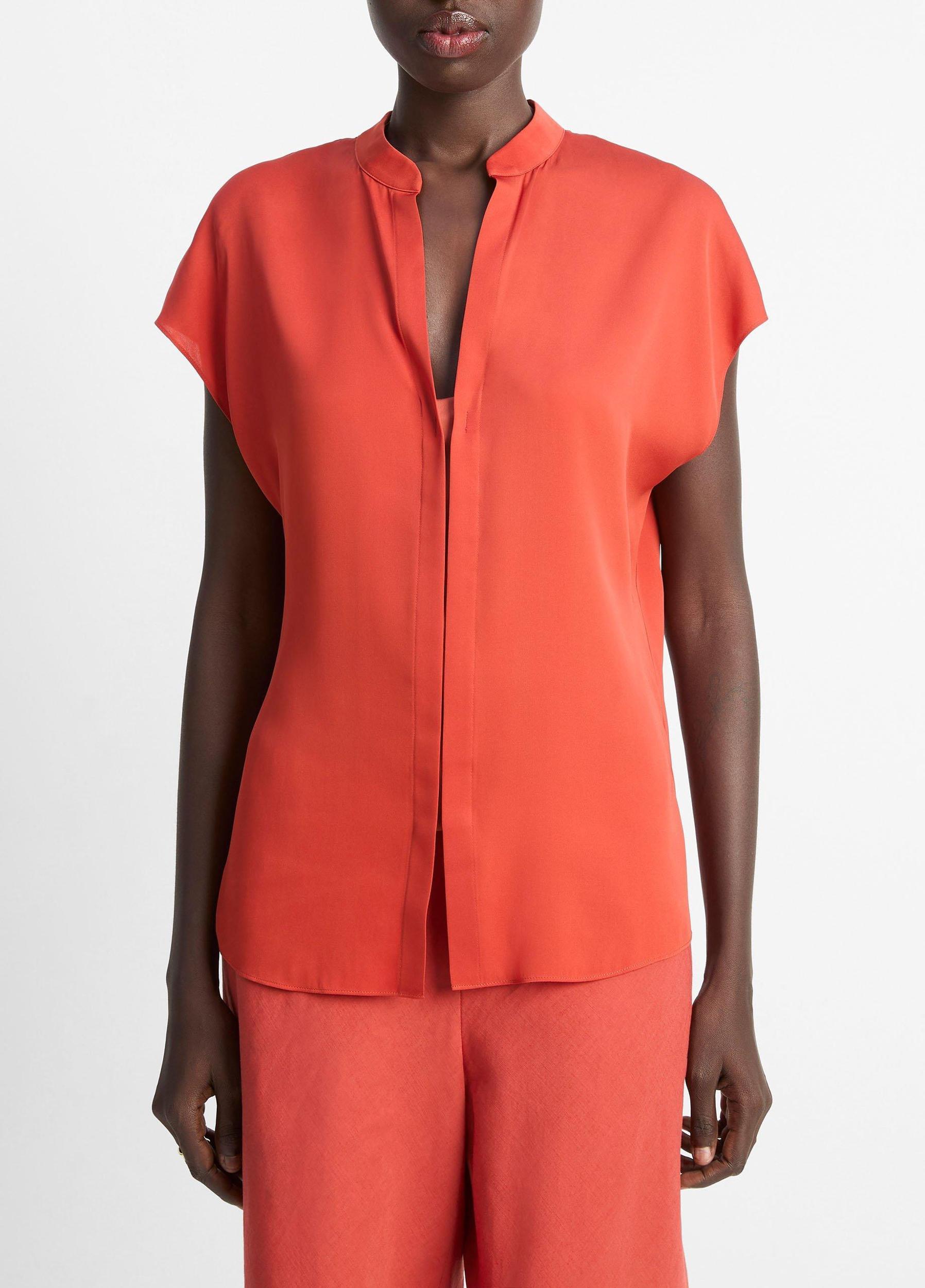 Contrast-Placket Stretch-Silk Cap-Sleeve Blouse Product Image