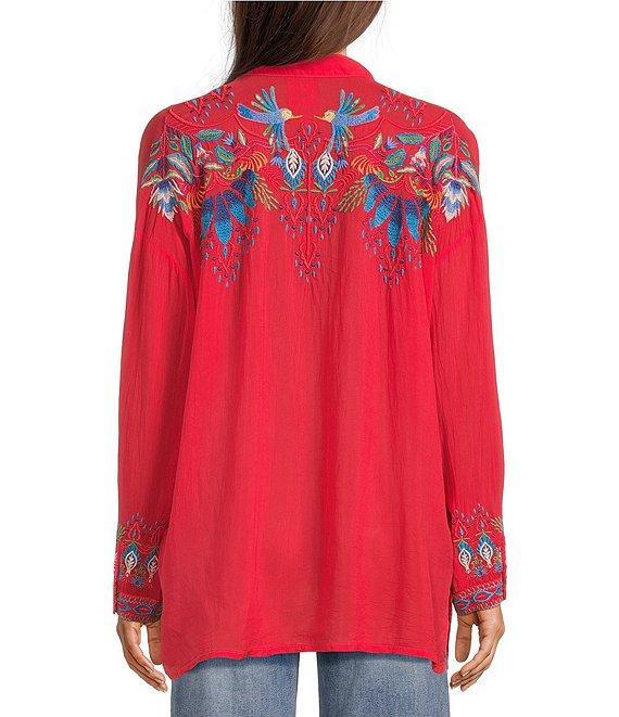 JOHNNY WAS Audrey Embroidered Placement Floral Point Collar Roll-Tab Long Sleeve Five-Button Half-Placket Tunic Product Image