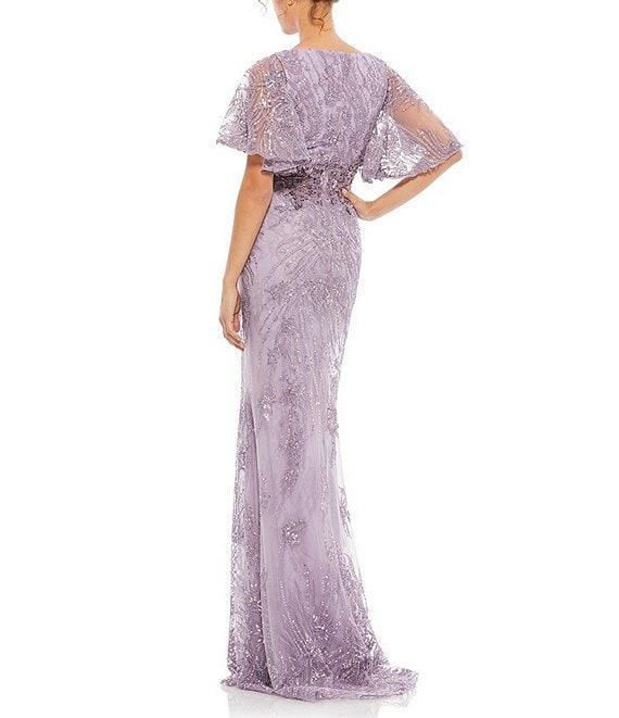 Mac Duggal Embellished Illusion V-Neck Sheer Butterfly Short Flutter Sleeve Sheath Gown Product Image