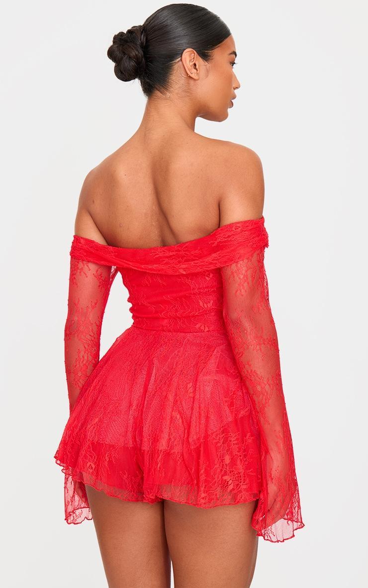 Red Lace Bardot Tie Front Romper Product Image