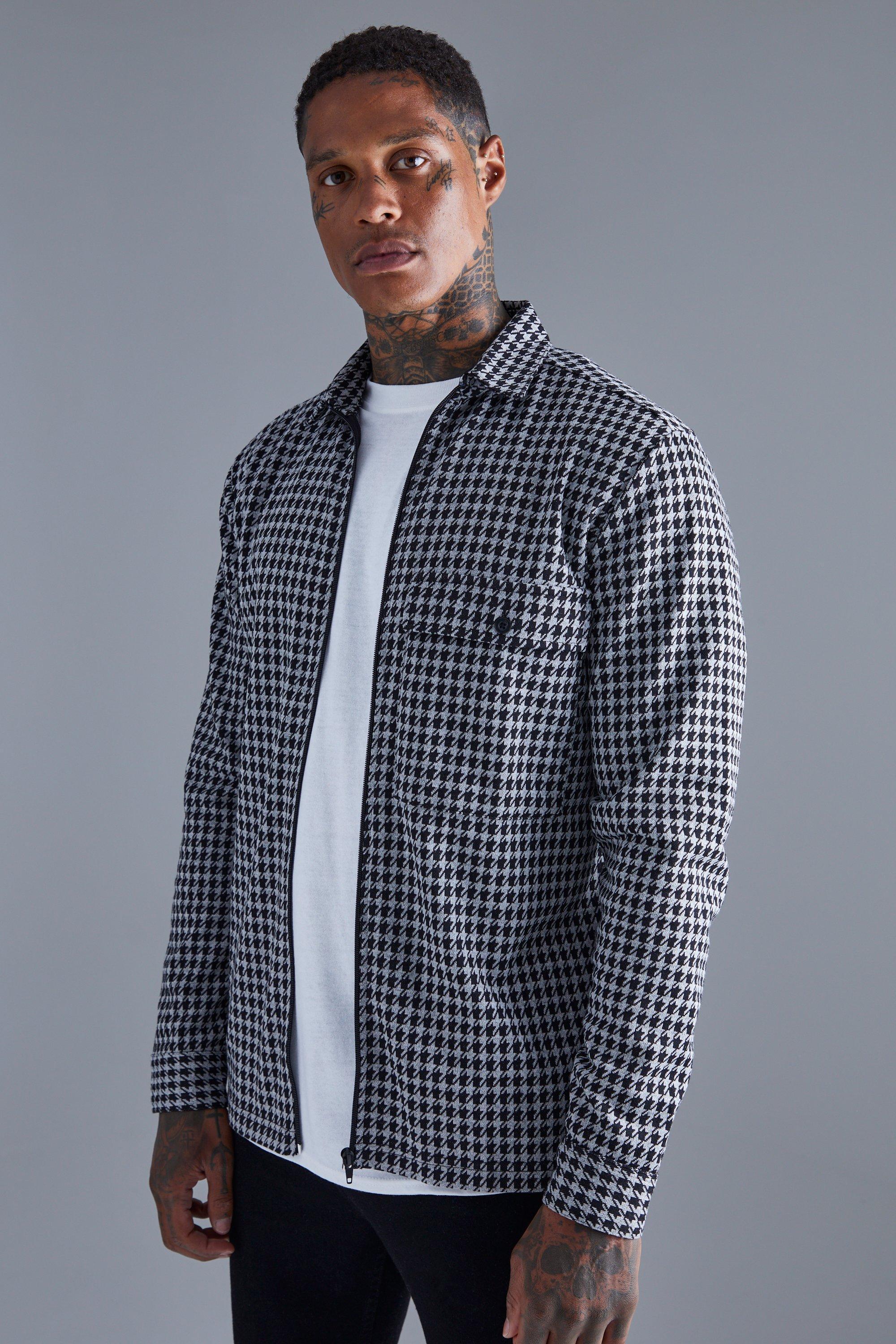 Dogtooth Jacquard Zip Through Shacket | boohooMAN USA Product Image