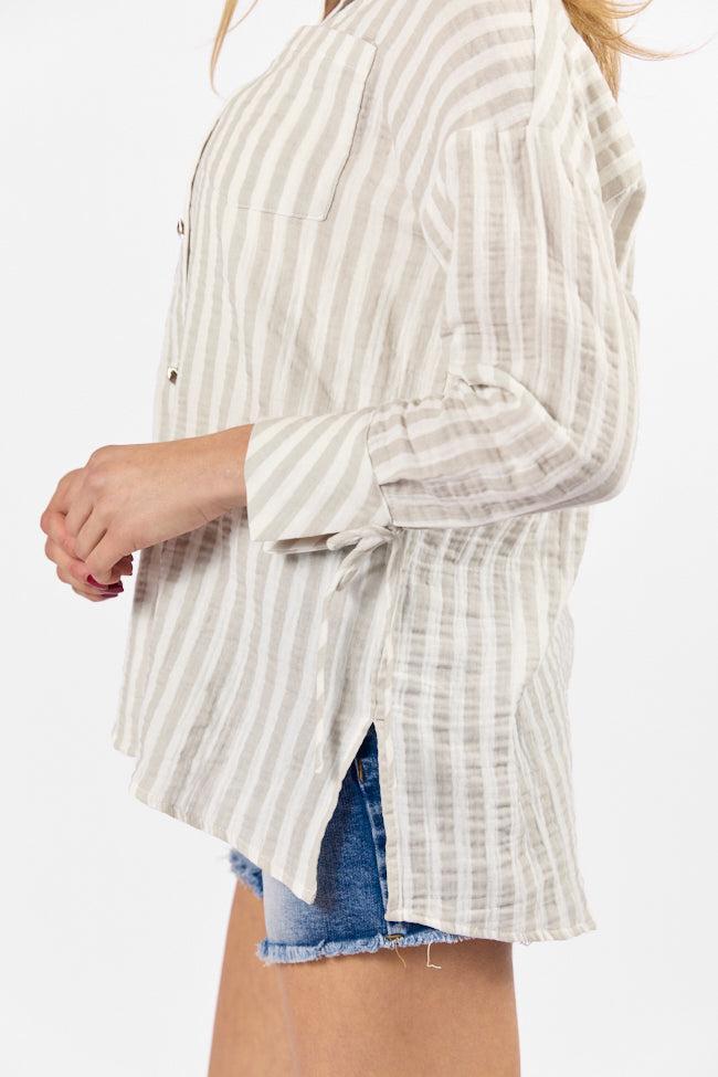 Cruel Summer Tan and Ivory Striped Gauze Button Down Top SALE Product Image