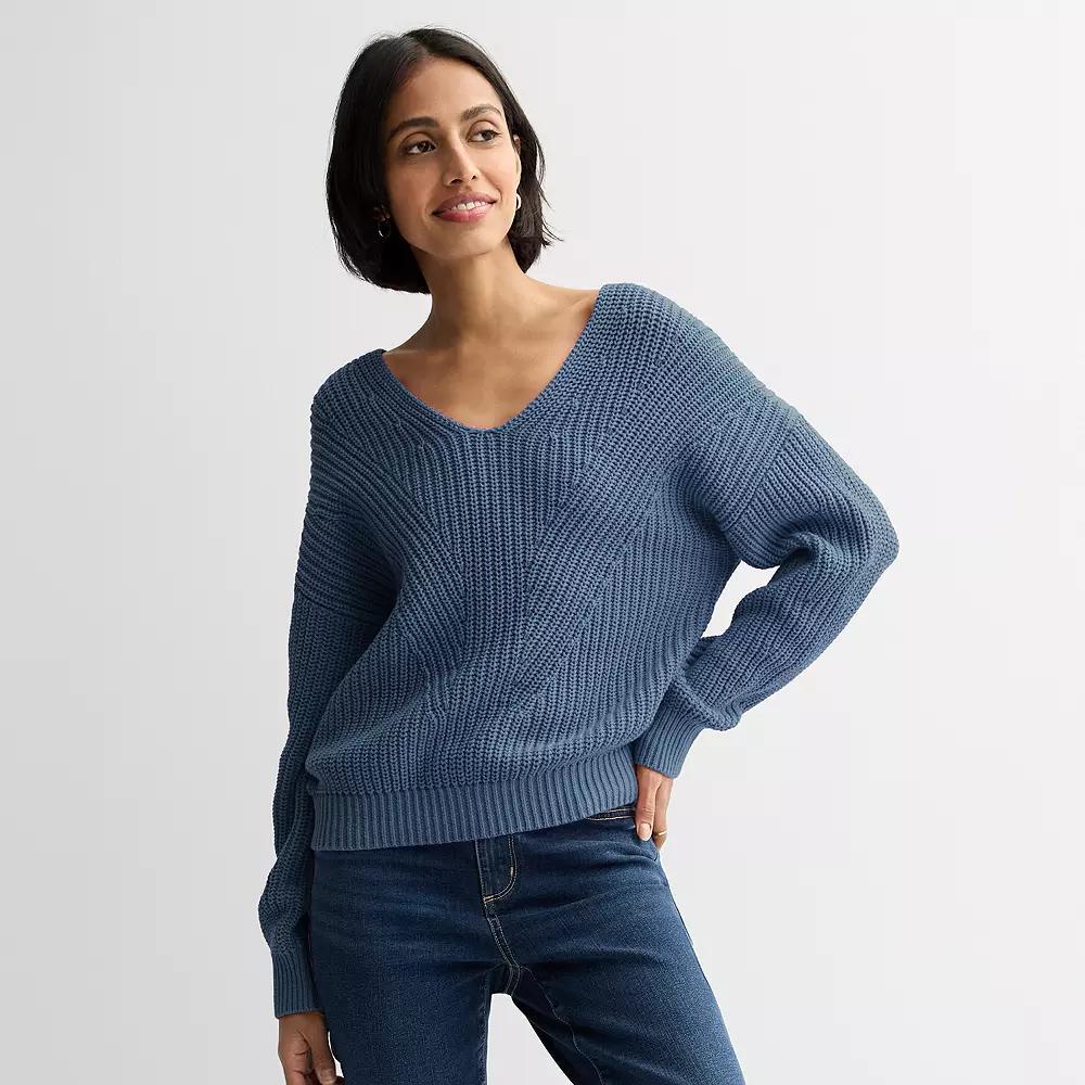 Women's Sonoma Goods For Life® Mixed Stitch V-Neck Sweater, Size: Large, Blue Product Image