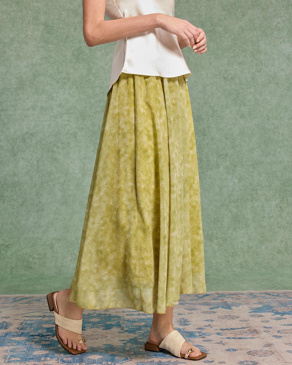 Green Floral Elastic Waist Midi Skirt Product Image