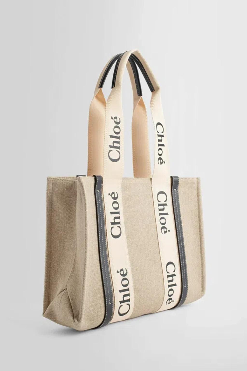 CHLOÉ Woody Medium Leather-trimmed Cotton-canvas Tote In White - Blue 1 Product Image