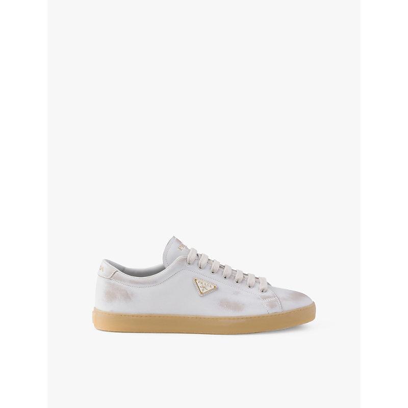 PRADA Mens White Triangle-plaque Vintage-effect Leather Low-top Trainers Product Image