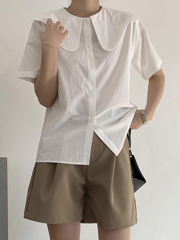 Loose Short Sleeves Solid Color Split-Joint Peter Pan Collar Blouses&Shirts Tops Product Image