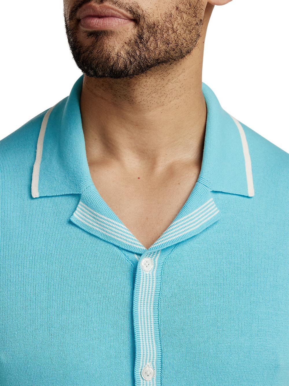 Cotton Button Front Camp Collar Sweater - Aqua Product Image