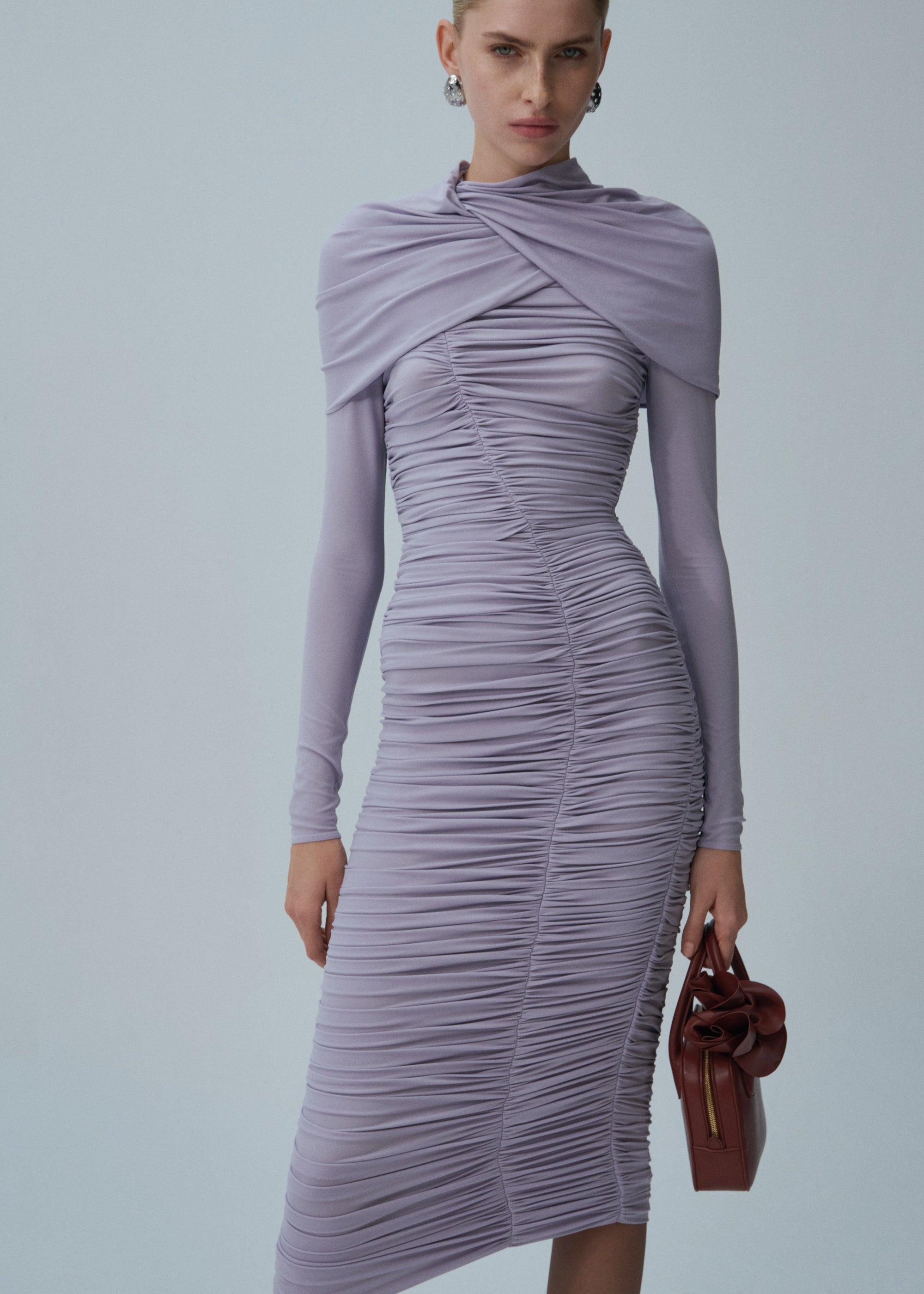 Draped high neck midi dress in purple Product Image