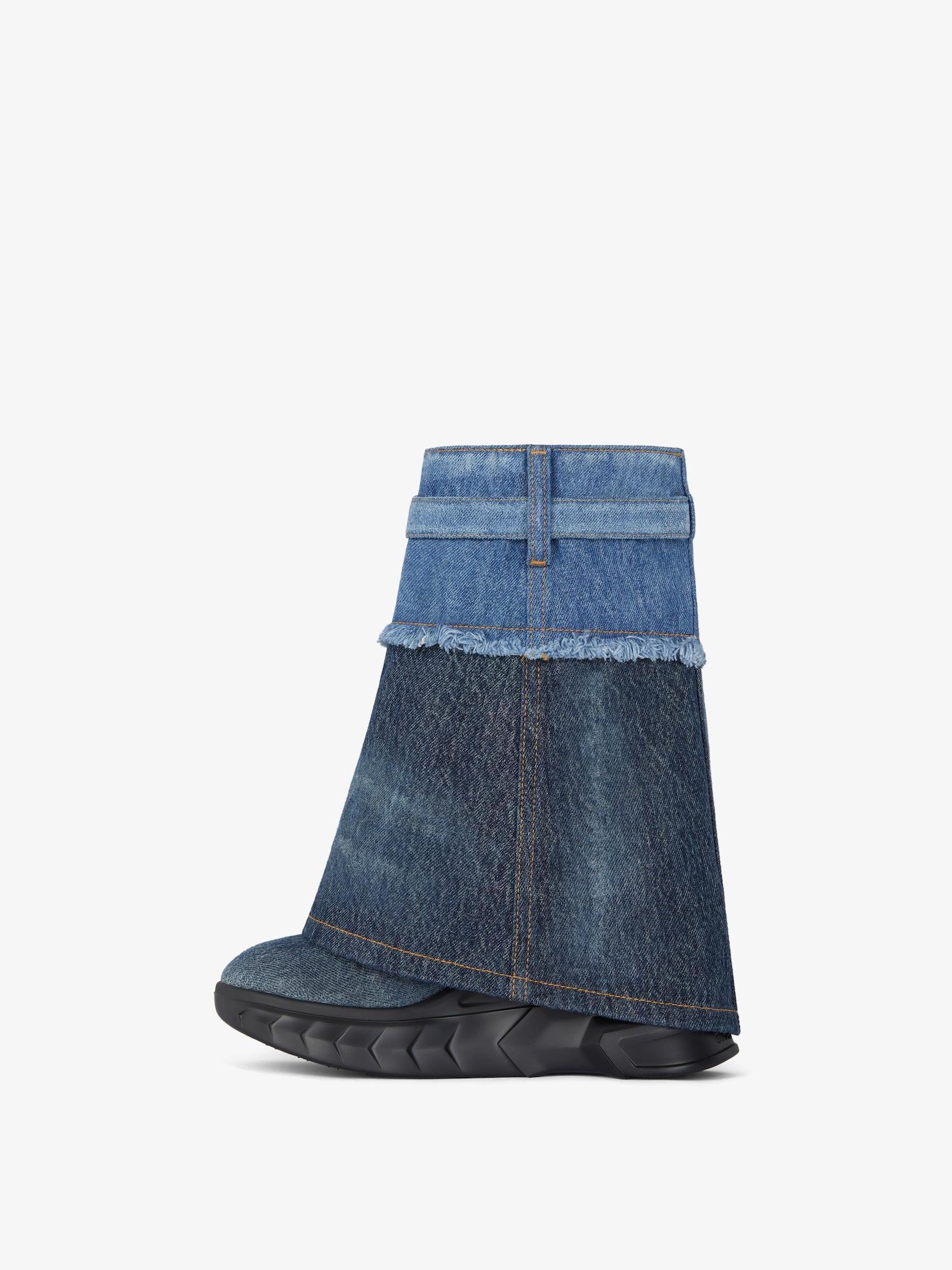 Shark Lock Biker ankle boots in bicolor washed denim Product Image