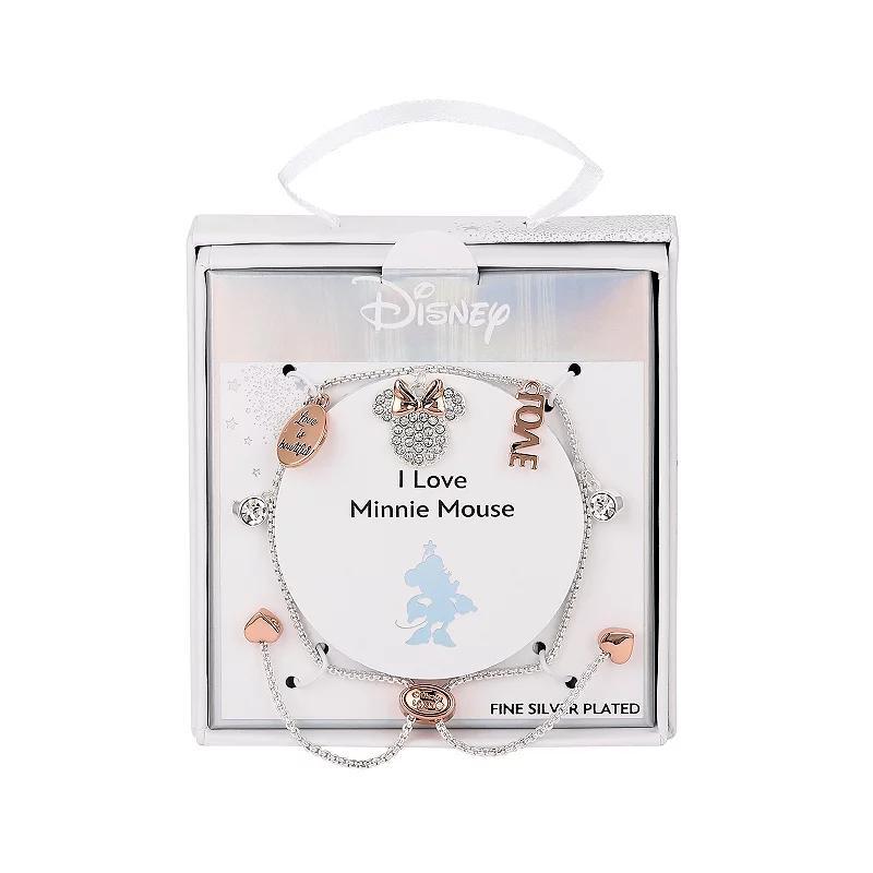 Disney's Minnie Mouse Fine Silver Plated Crystal Love is Bowtiful Charm Bolo Bracelet, Women's, Size: 5-9" ADJ Product Image