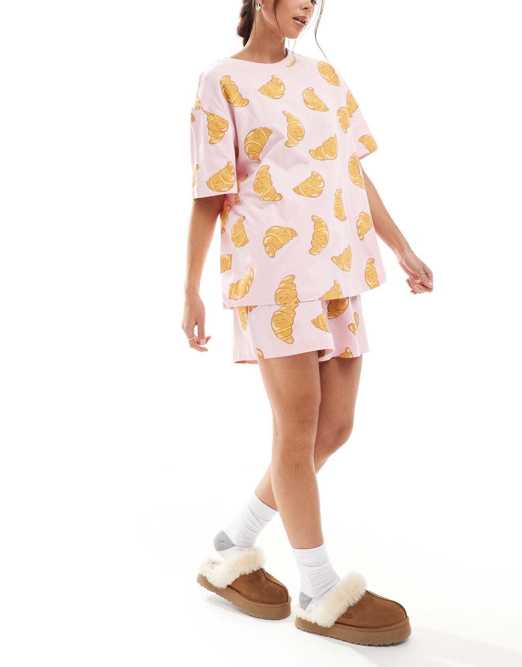 ASOS DESIGN croissant oversized tee & shorts pajama set in pink Product Image