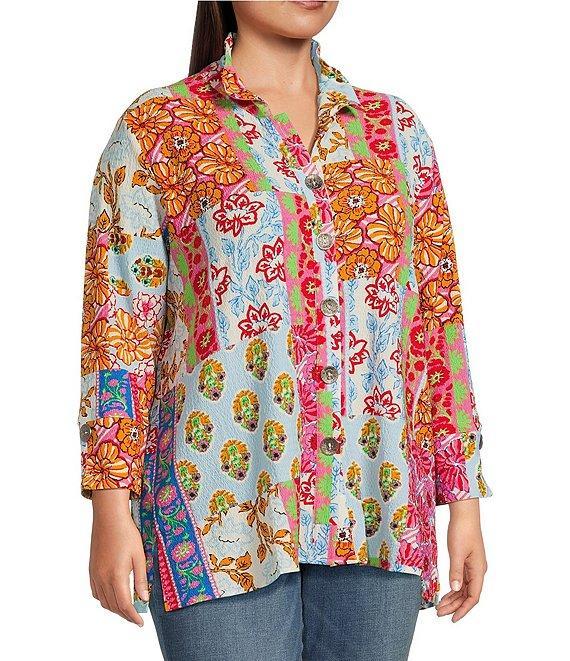 Calessa Plus Size Printed Ruffled Stand Collar Long Sleeve Button Front Tunic Product Image