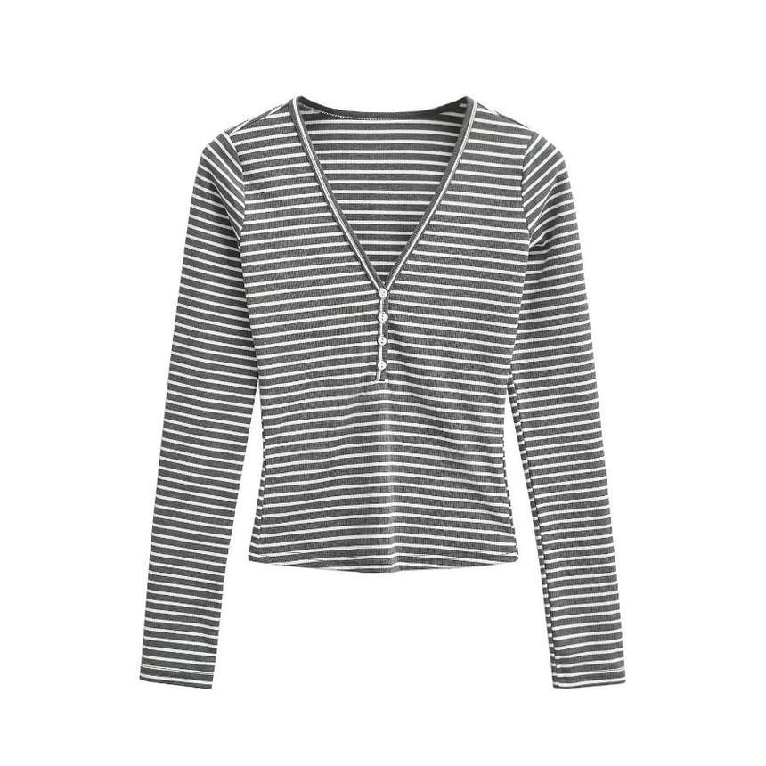 Long-Sleeve V-Neck Striped Tee Product Image