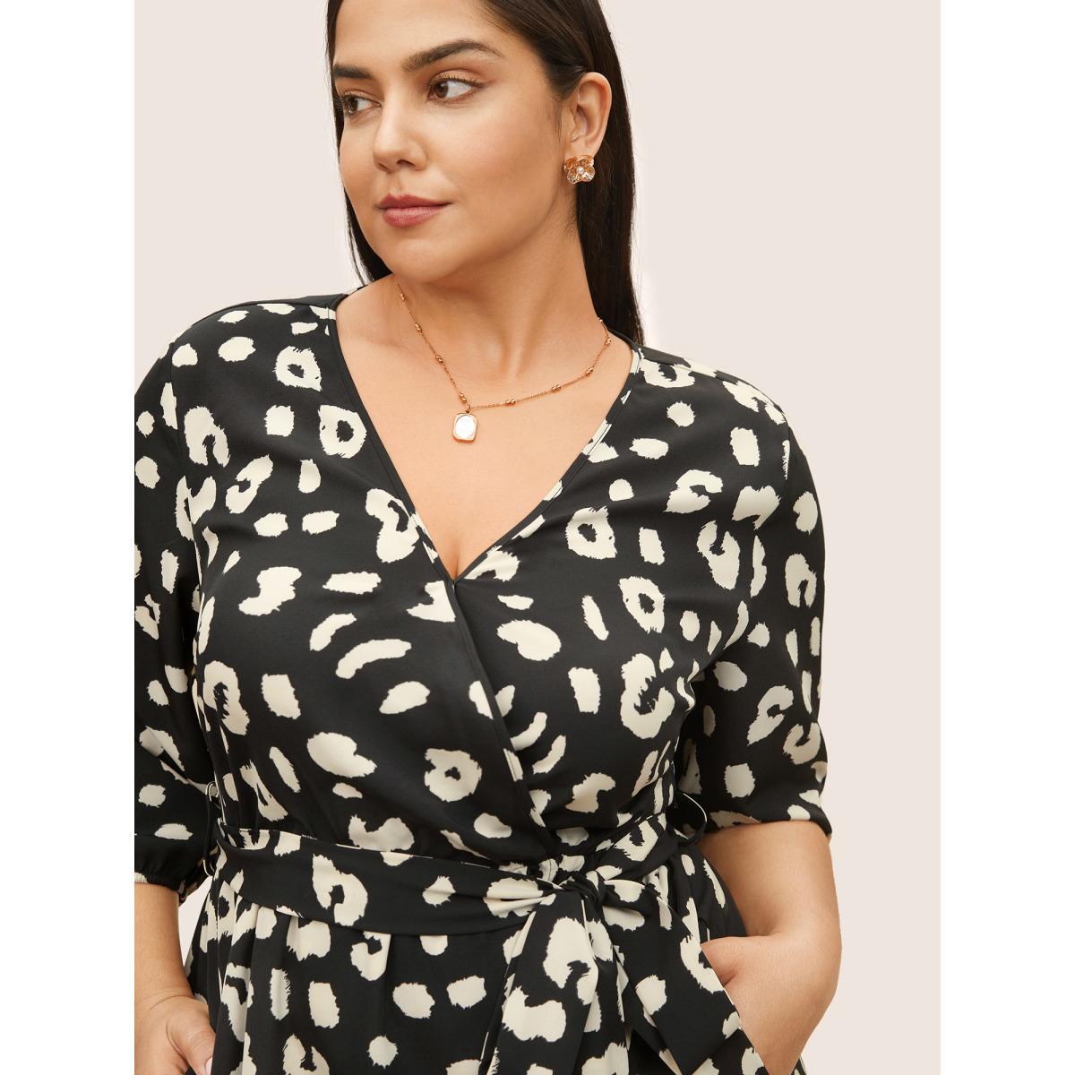 Plus Size Leopard Overlap Collar Elastic Waist Belted Dress Black Women At the Office Non Overlap Collar Elbow-length sleeve Curvy Midi Dress BloomChic 14-16/1X Product Image