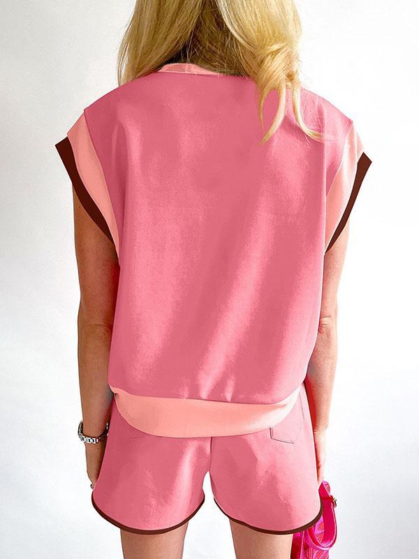Contrast Color Short Sleeves Round-Neck T-Shirt + Elasticity Shorts Two Pieces Set Product Image
