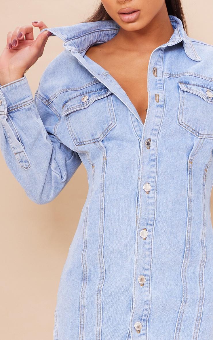 Light Blue Wash Seam Detail Long Sleeve Denim Dress Product Image