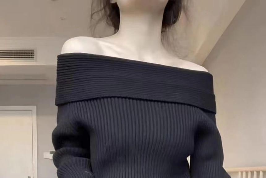 Off Shoulder Plain Ribbed Knit Oversized Sweater Product Image