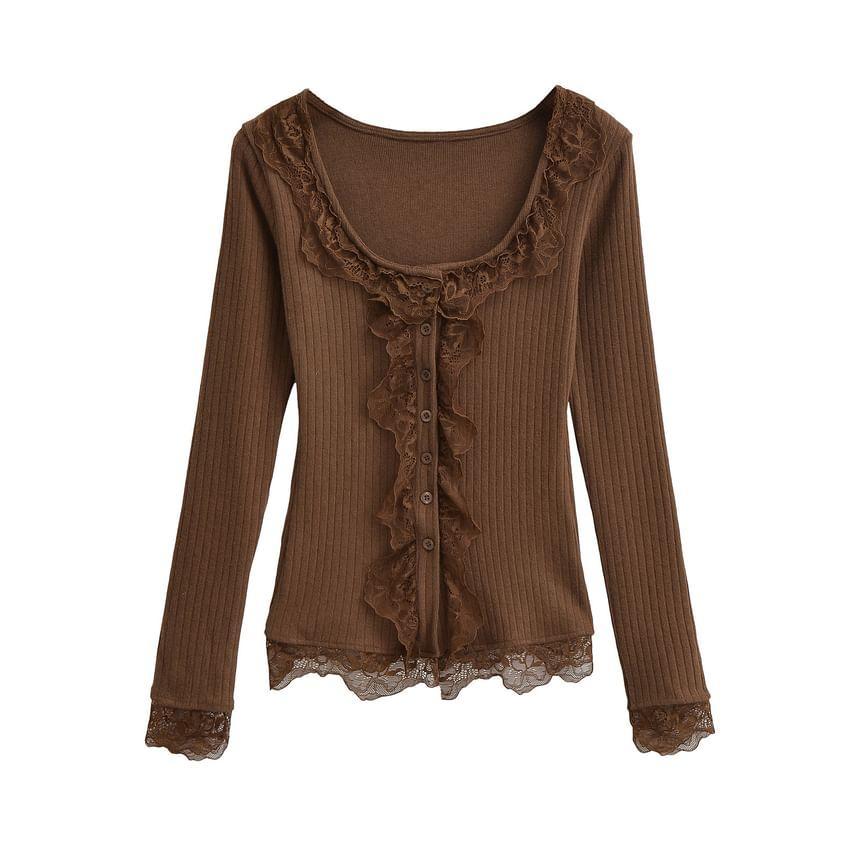 Long-Sleeve Square-Neck Plain Ribbed Lace Ruffle Knit Top Product Image