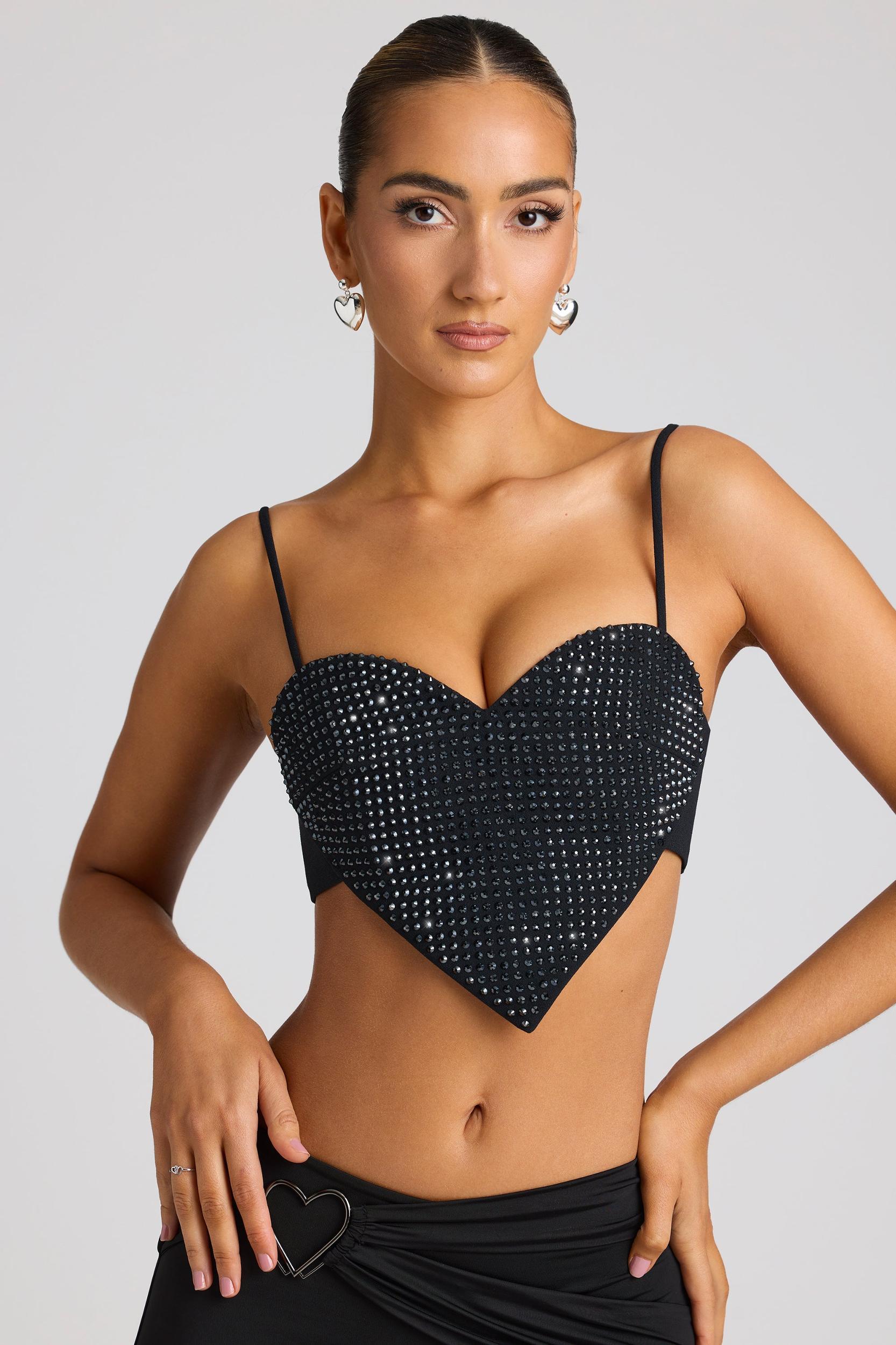 Embellished Heart Detail Crop Top in Black Product Image