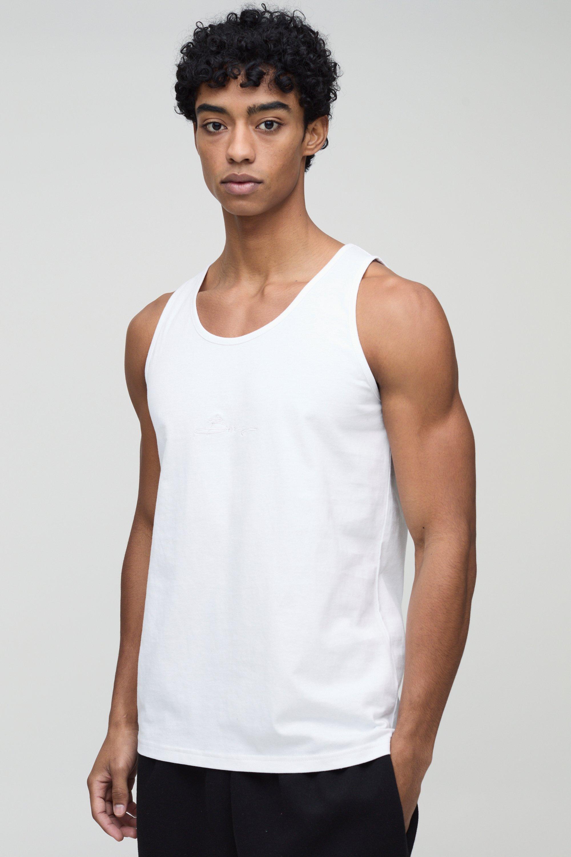 Mens White BM Signature Embroidered Basic Vest, White Product Image