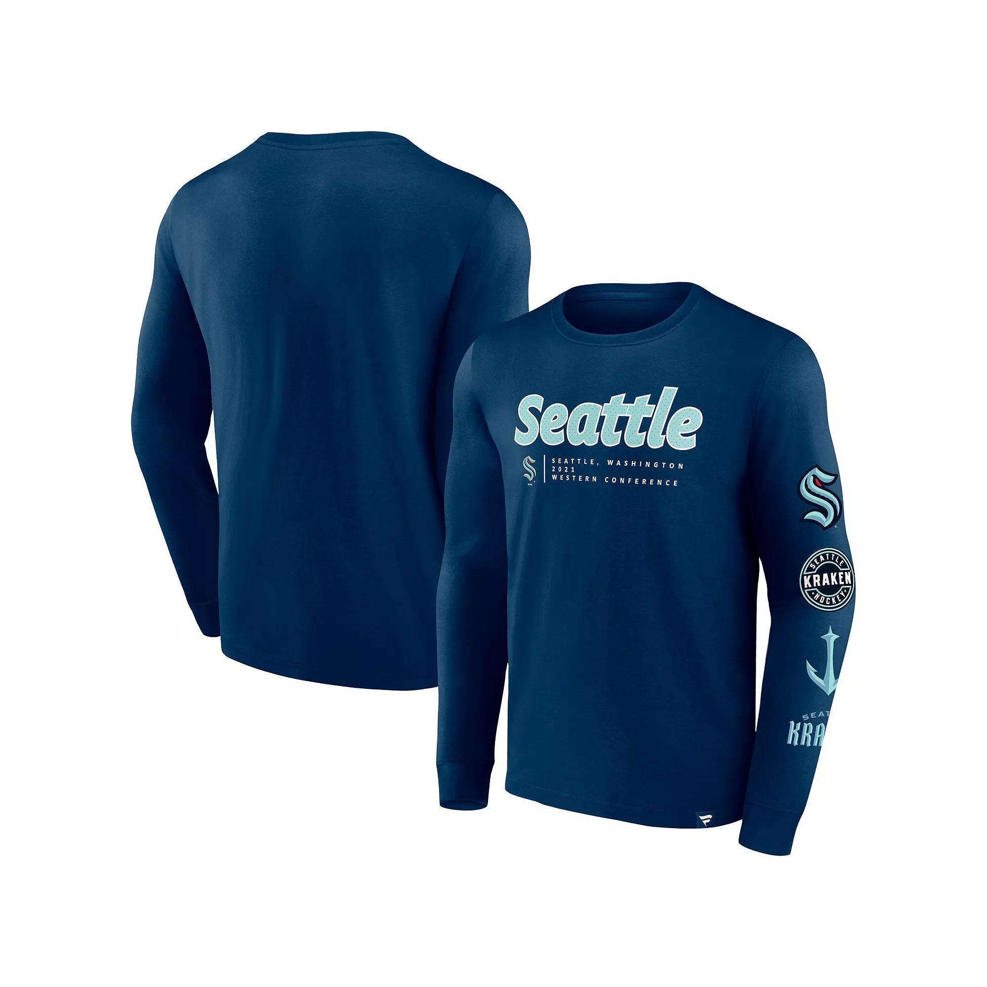 Men's Fanatics Branded Deep Sea Blue Seattle Kraken Strike the Goal Long Sleeve T-Shirt,  Product Image