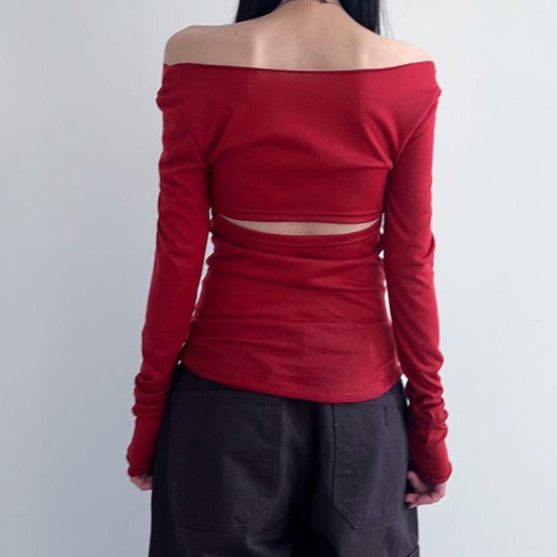 Long-Sleeve Off Shoulder Plain Top / Waist Belt Product Image