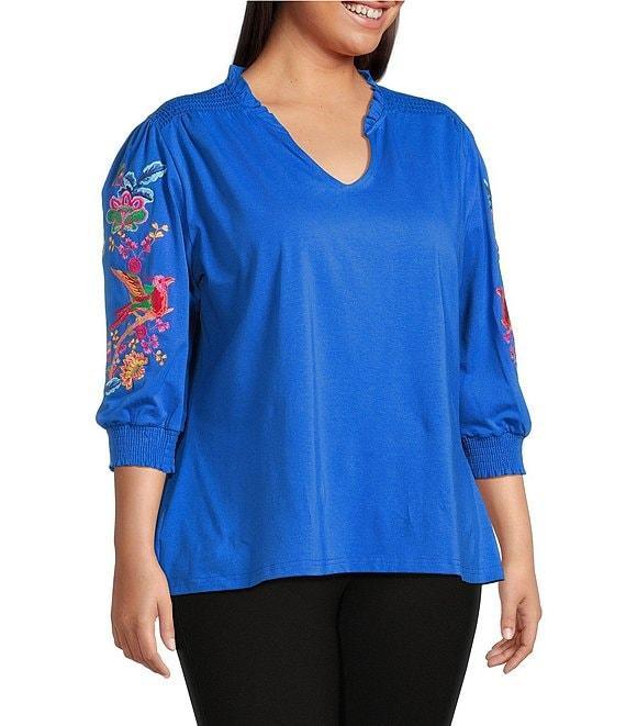 Calessa Plus Size Knit Split V-Neck Embroidered 3/4 Sleeve Tunic Product Image