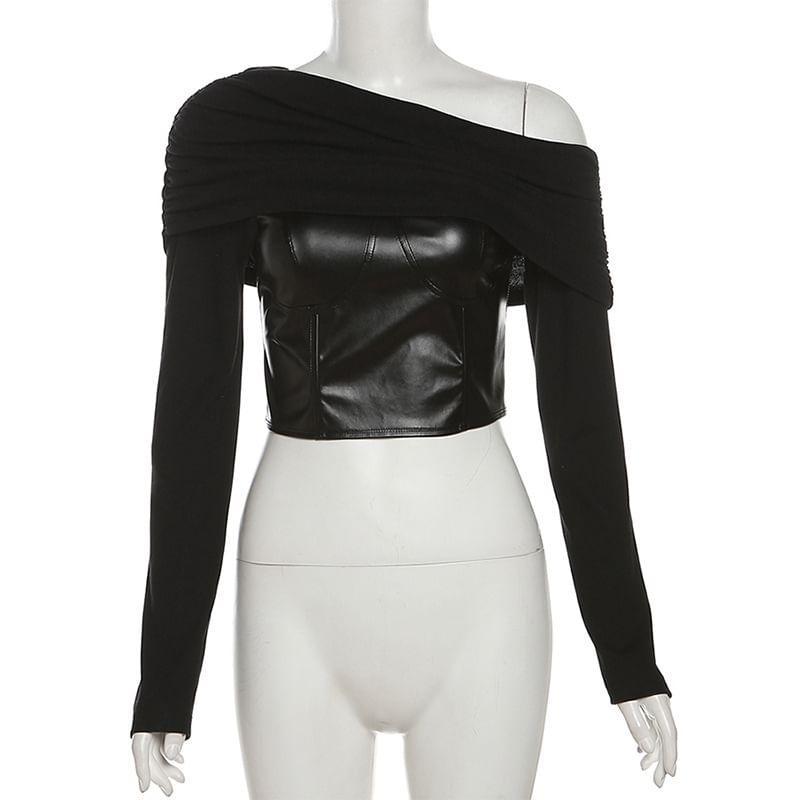 Long-Sleeve Off-Shoulder Plain Faux Leather Panel Slim Fit Crop Top Product Image