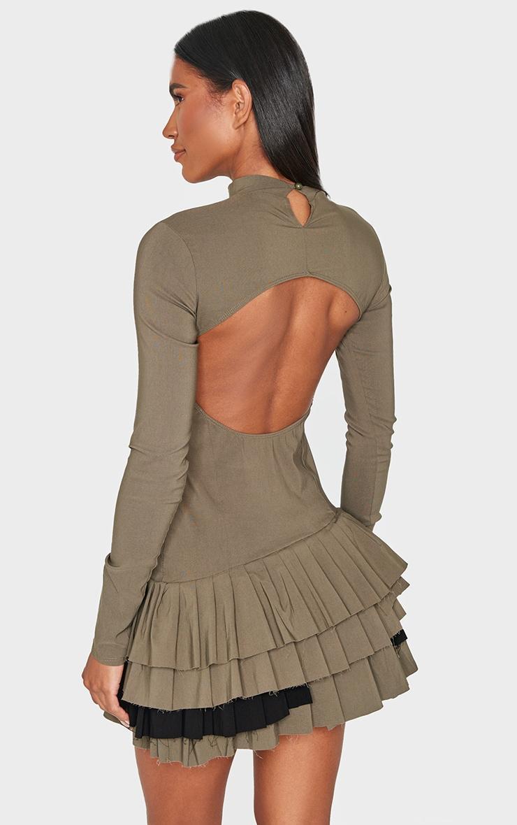 Khaki Stretch Woven Extreme Pleated Long Sleeve Shift Dress Product Image