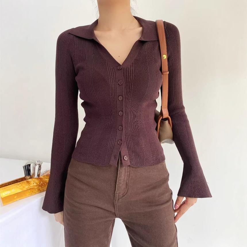 Flared-Sleeve Collar Plain Ribbed Cardigan Product Image