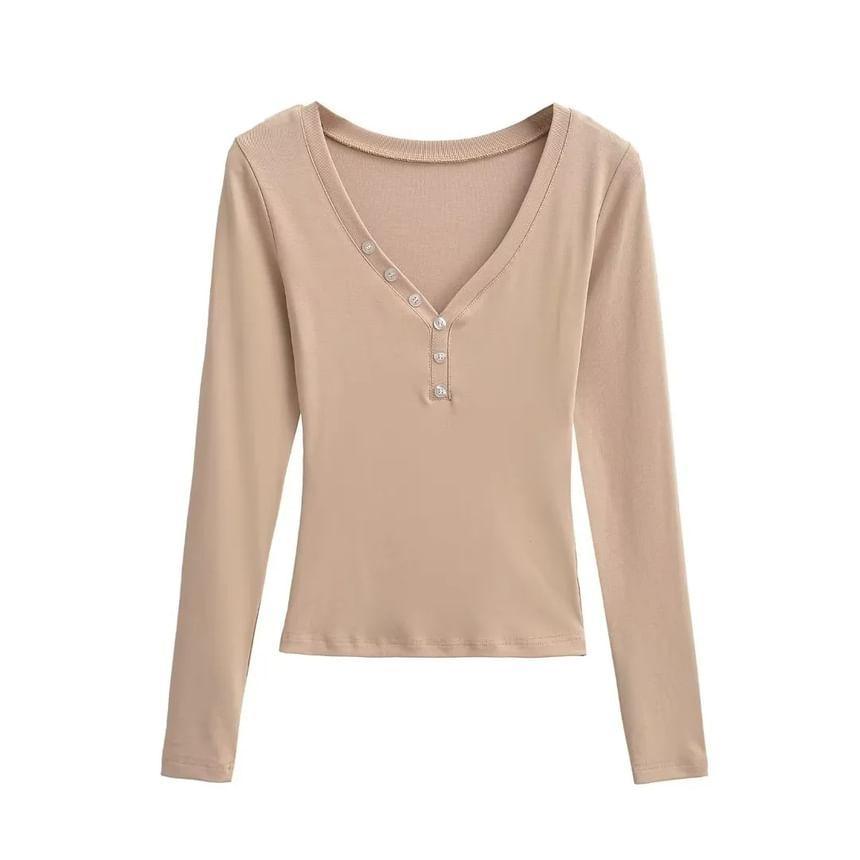 V-Neck Long Sleeve Plain T-Shirt Product Image