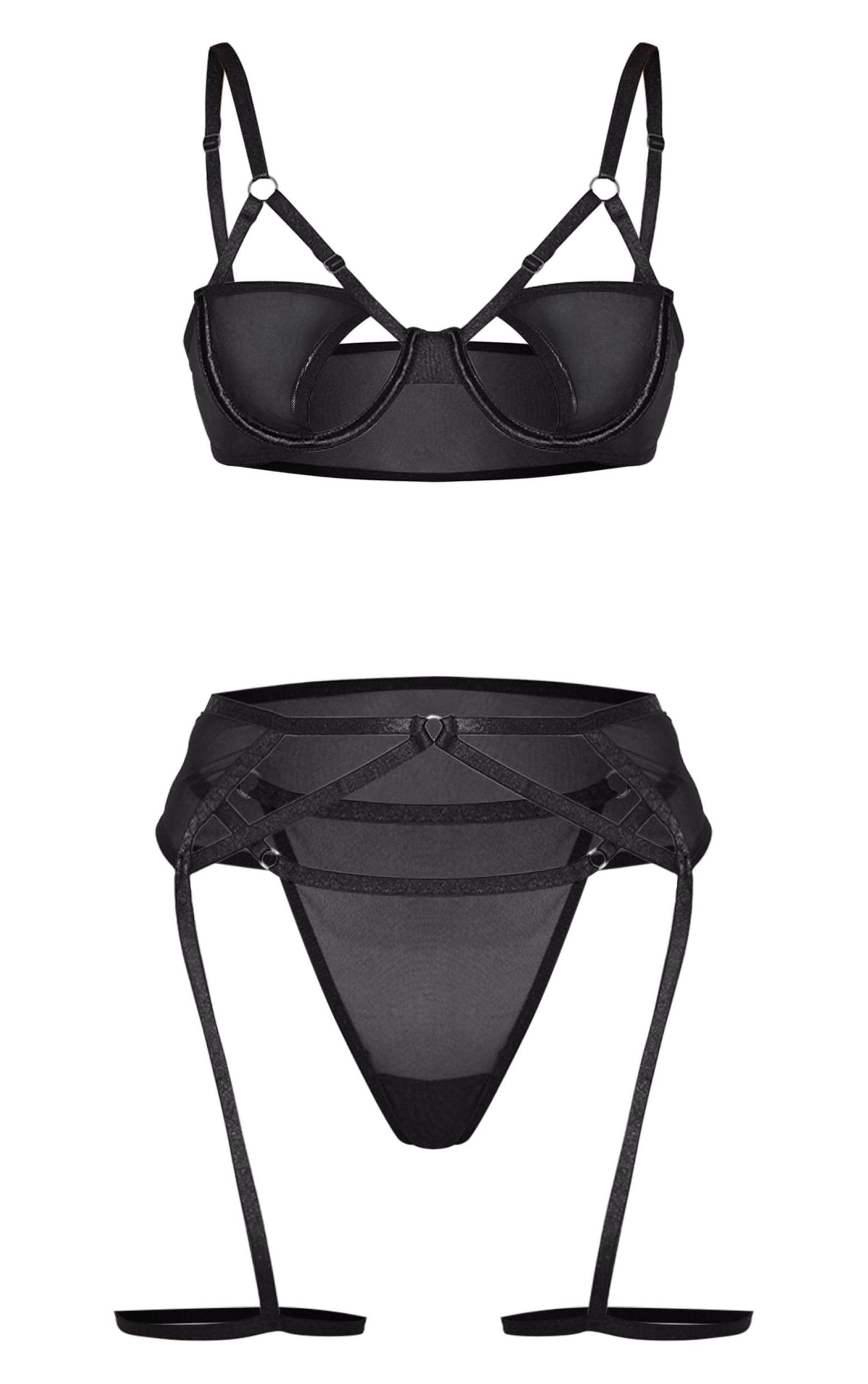 Black Mesh Strapping Detail 3 Piece Lingerie Set Product Image