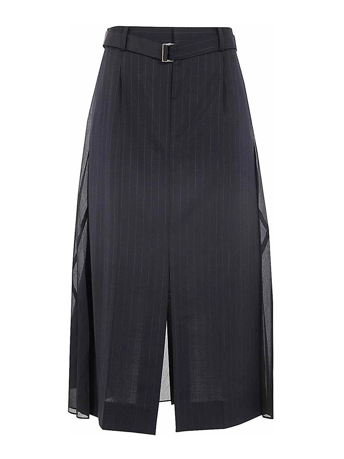 SACAI Pleated Sheer Chalk Stripe Belted Midi Skirt In Blue Product Image