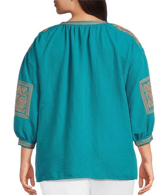 Calessa Plus Size Crinkle Textured Foulard Embroidered Split V-Neck 3/4 Sleeve Tunic Product Image