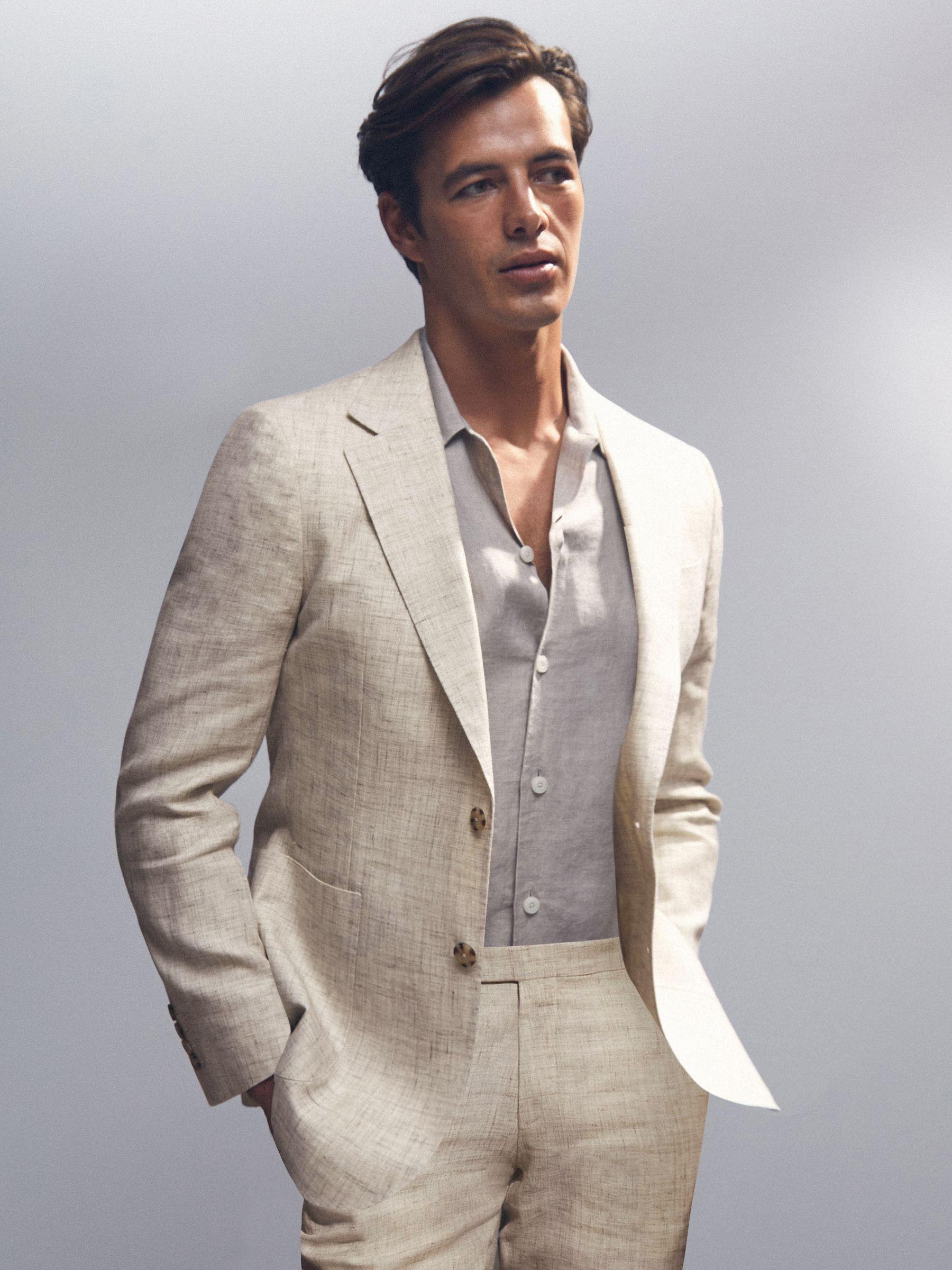 Slim Fit Linen Single Breasted Check Suit Blazer in Oatmeal Product Image
