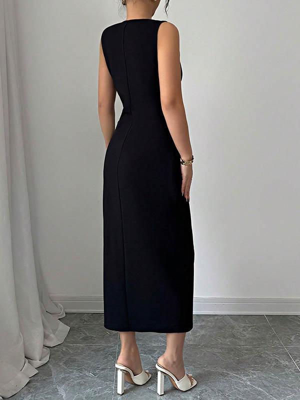 Bodycon High Waisted Bowknot Split-Side Round-Neck Midi Dresses Product Image