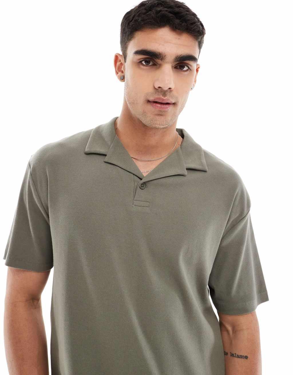 ASOS DESIGN relaxed ribbed revere polo shirt in khaki Product Image